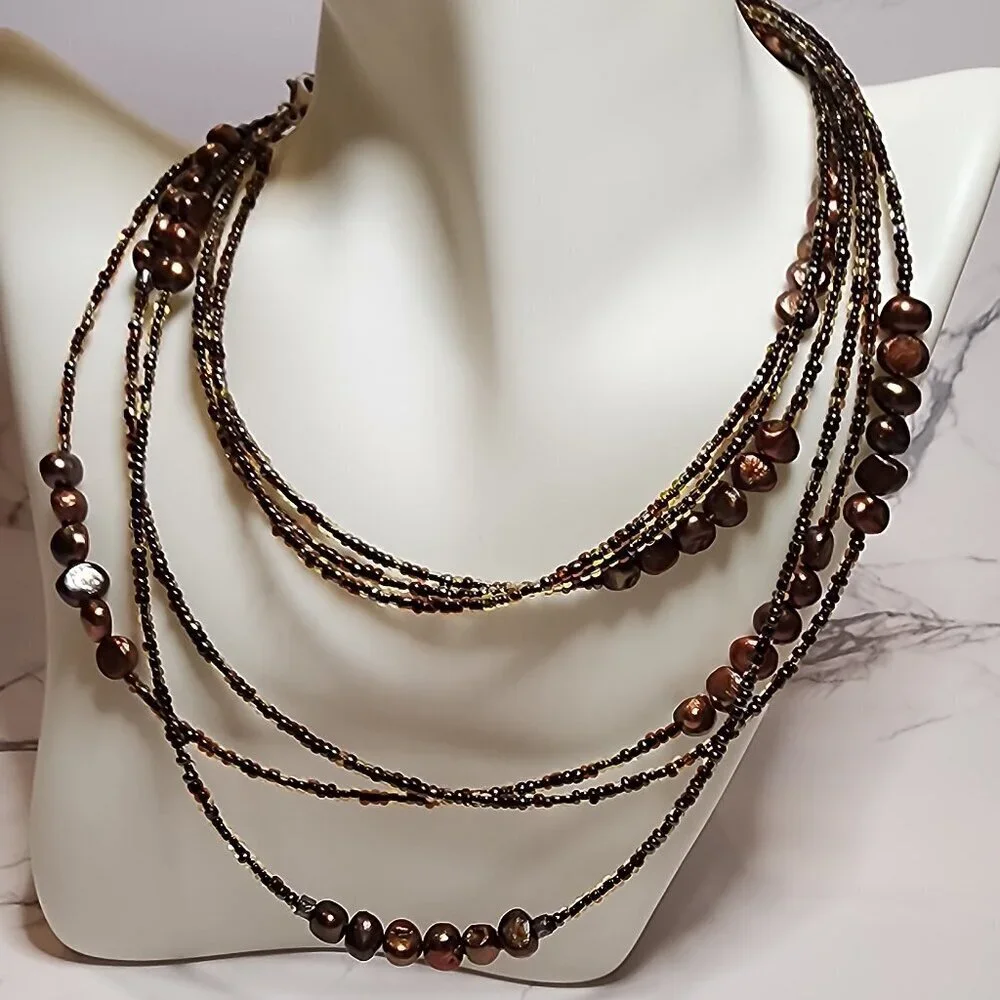 Multi-Stand Brown Bead and Pearl Necklace